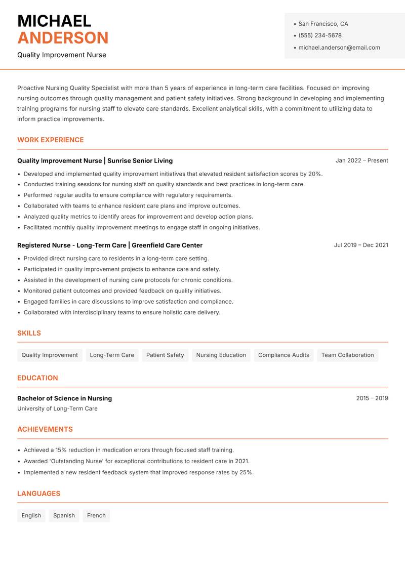 Nursing Quality Specialist resume sample — Quality Improvement Nurse focus