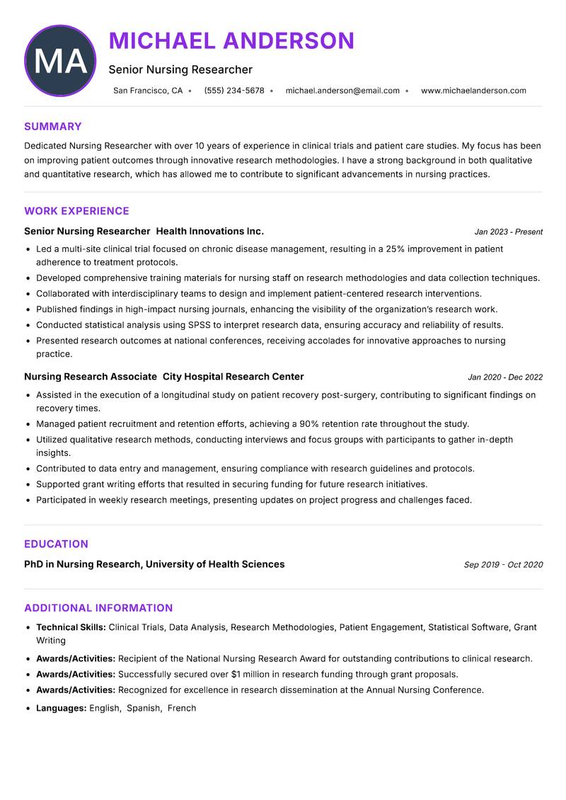 Nursing Researcher resume example