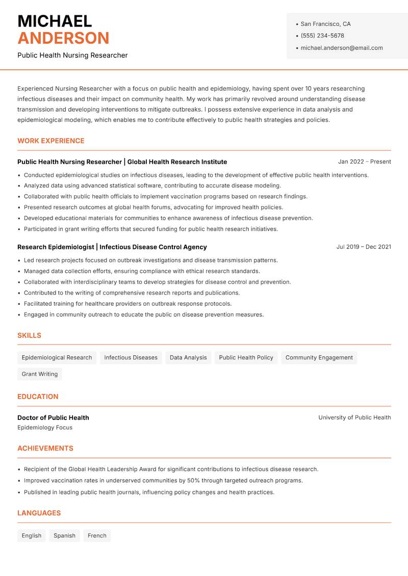 Nursing Researcher resume sample — Public Health Nursing Researcher focus