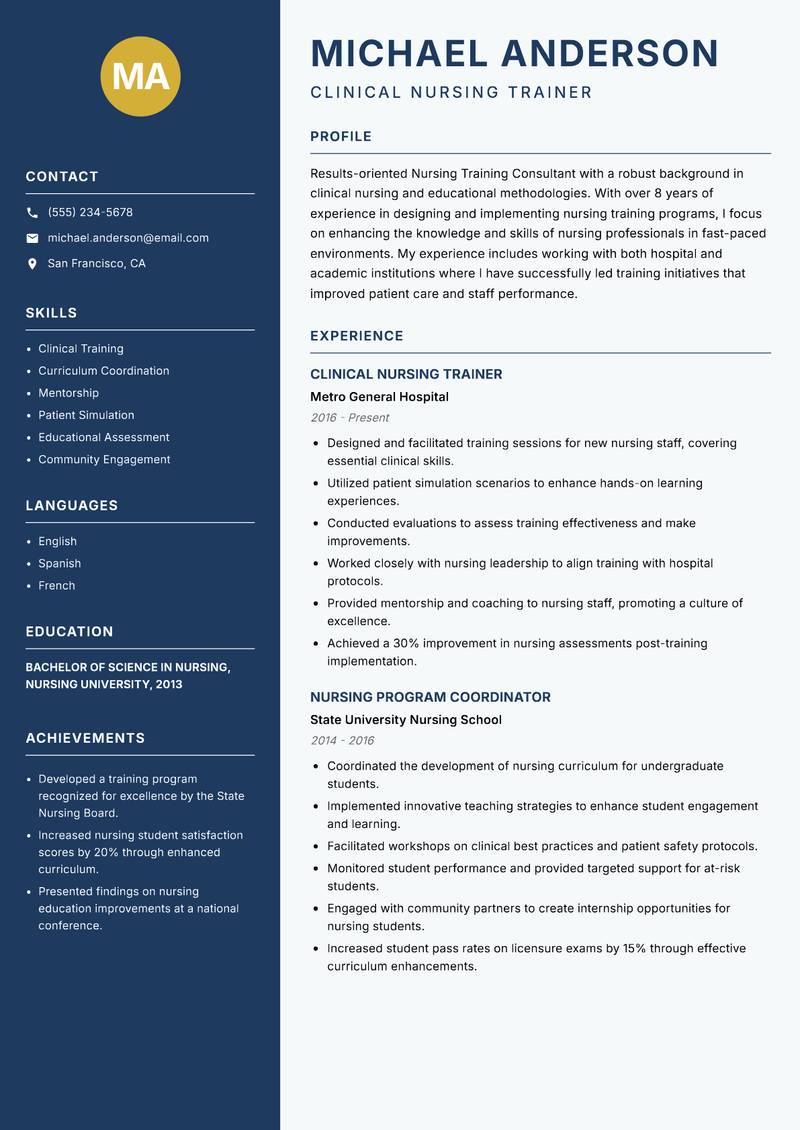 Nursing Training Consultant resume sample — Clinical Nursing Trainer focus