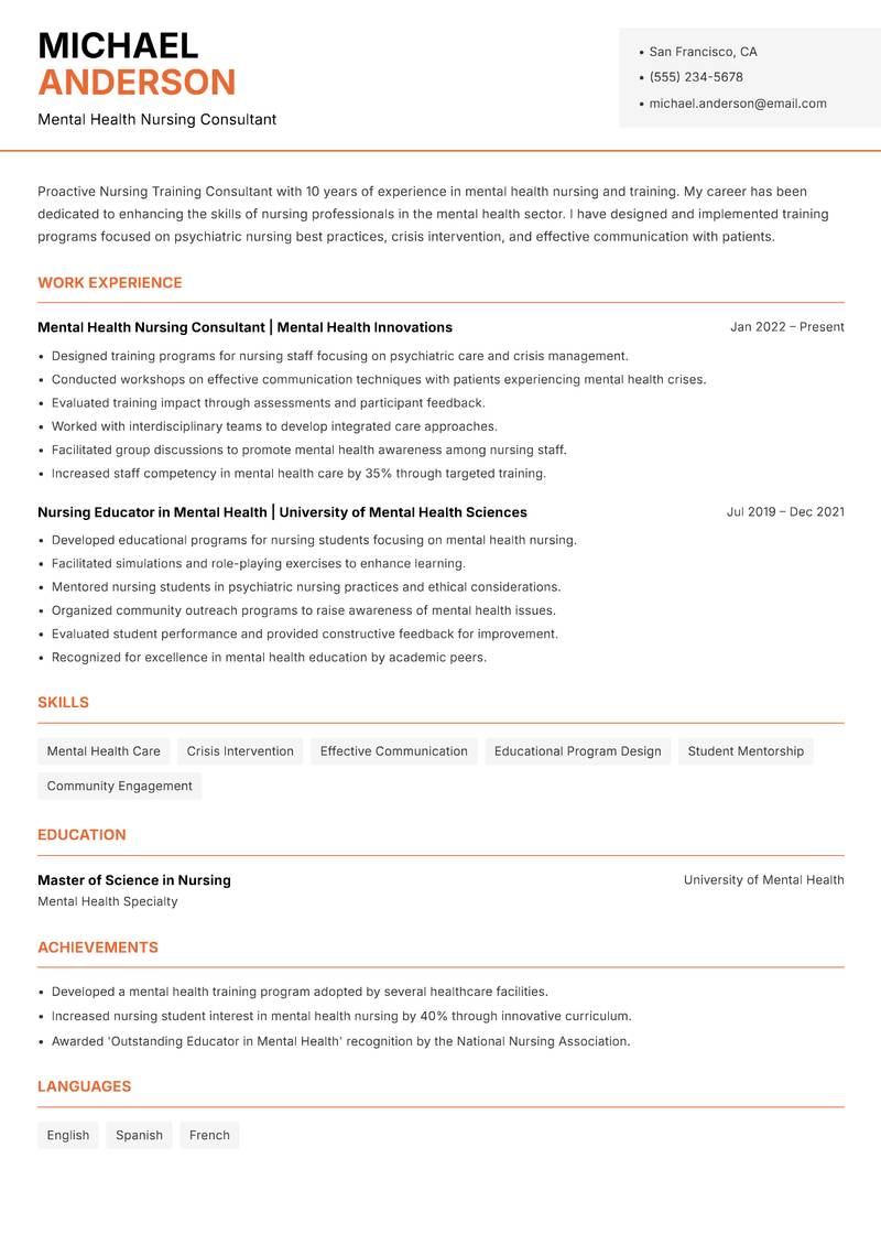 Nursing Training Consultant resume sample — Mental Health Nursing Consultant focus