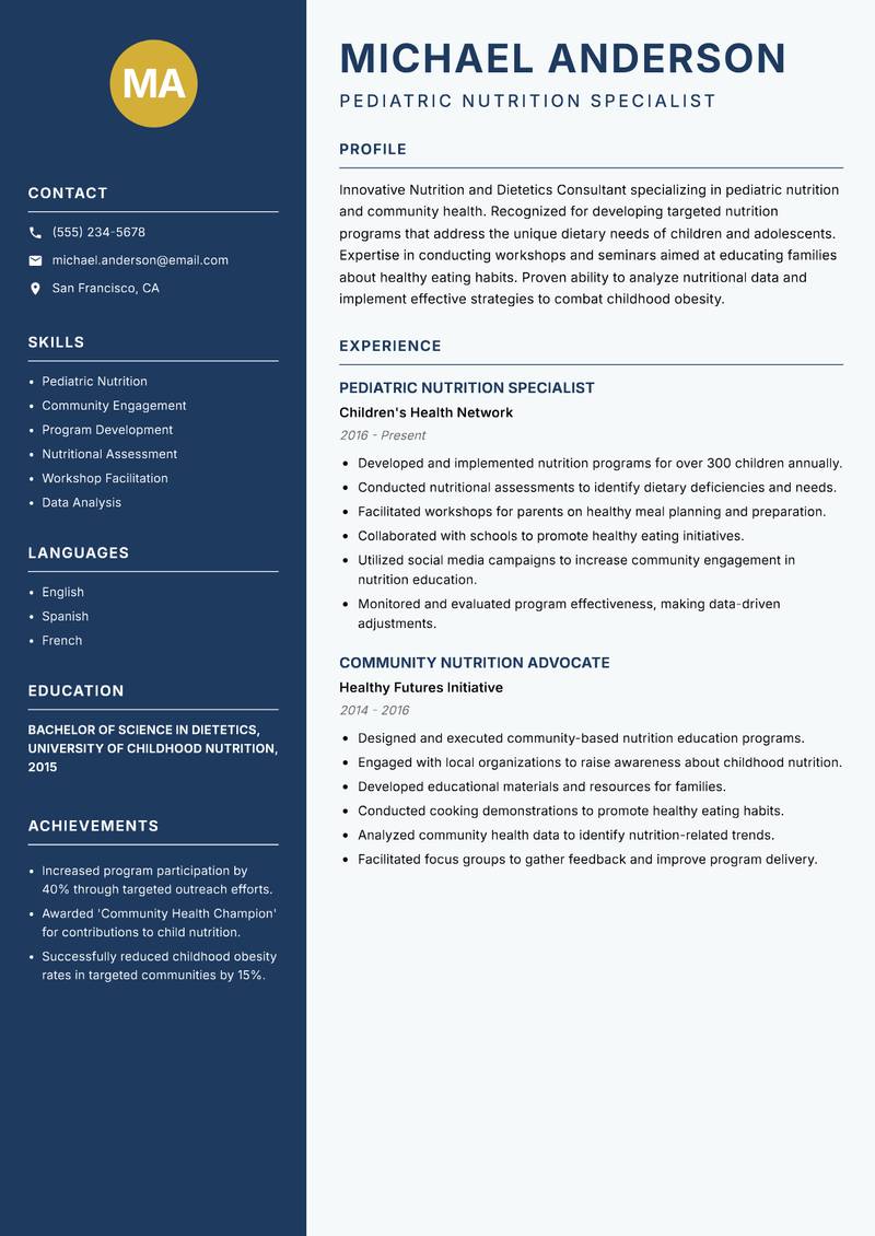 Nutrition and Dietetics Consultant resume sample — Pediatric Nutrition Specialist focus
