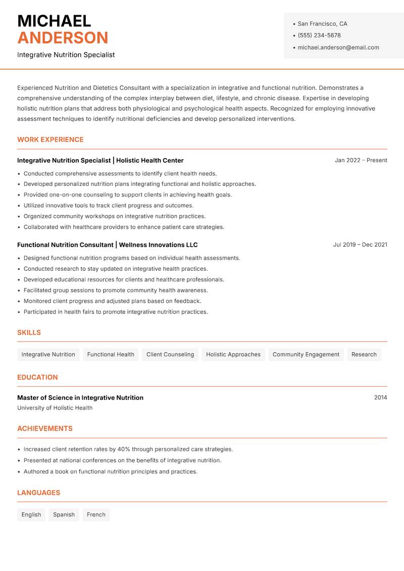 Nutrition and Dietetics Consultant resume sample — Integrative Nutrition Specialist focus