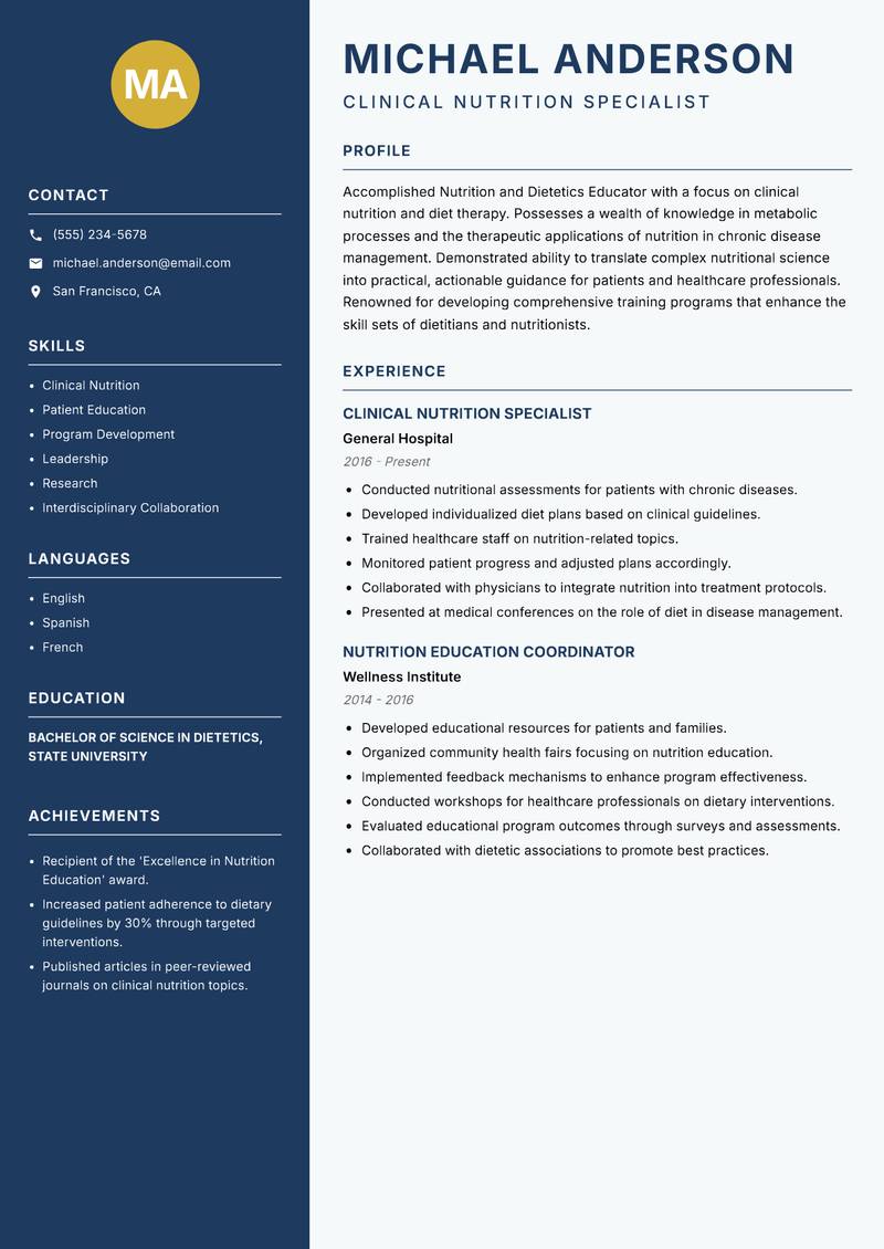 Nutrition and Dietetics Educator resume sample — Clinical Nutrition Specialist focus