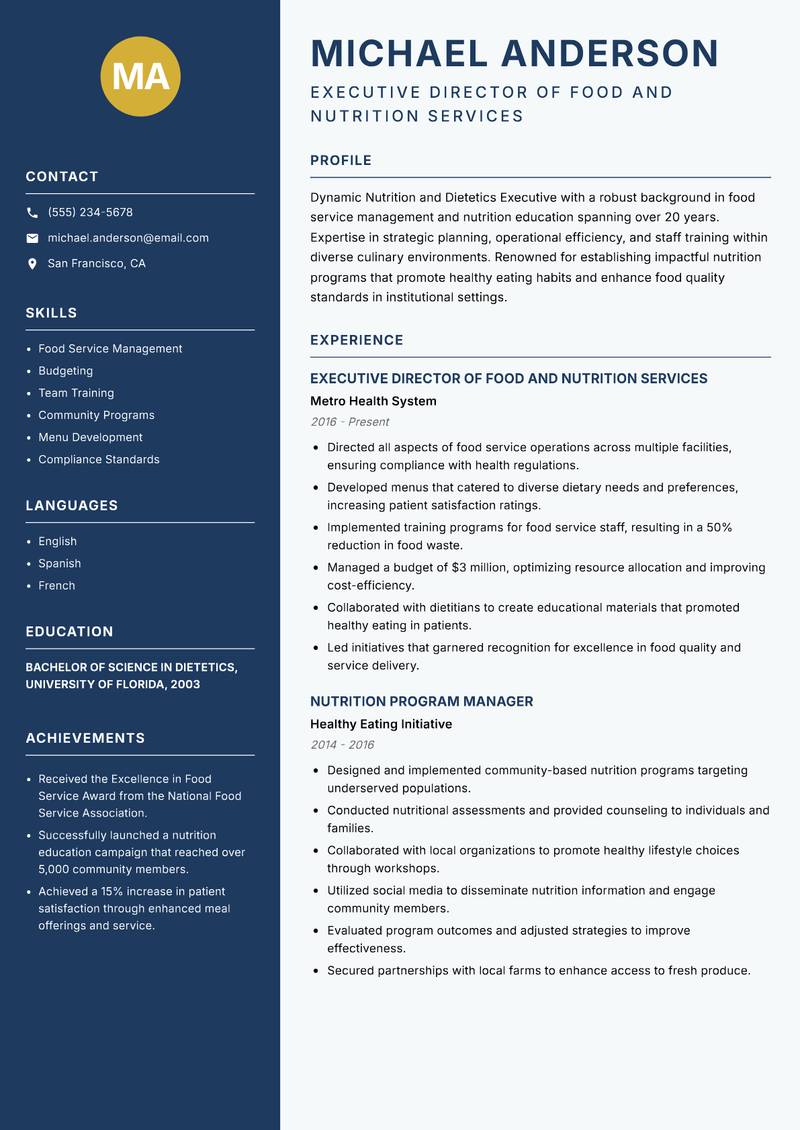 Nutrition and Dietetics Executive resume sample — Executive Director of Food and Nutrition Services focus