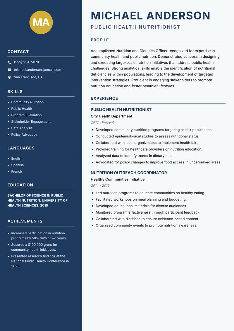 Nutrition and Dietetics Officer resume sample — Public Health Nutritionist focus
