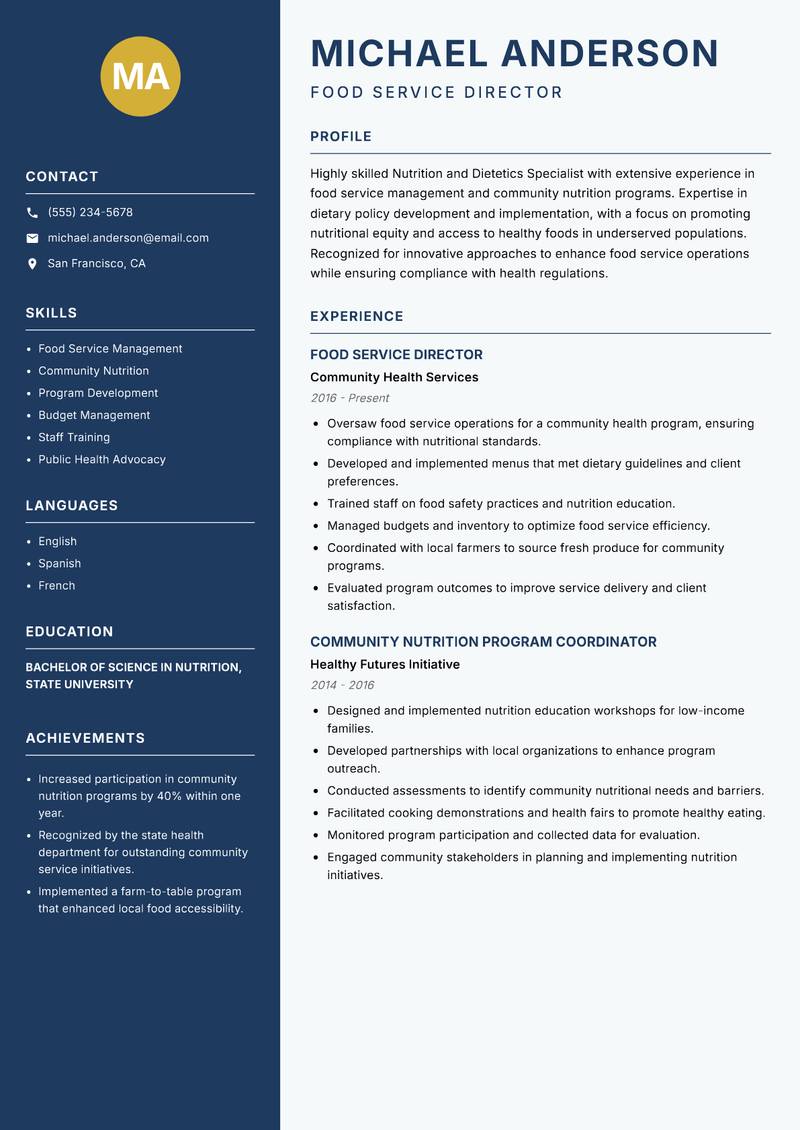 Nutrition and Dietetics Specialist resume sample — Food Service Director focus