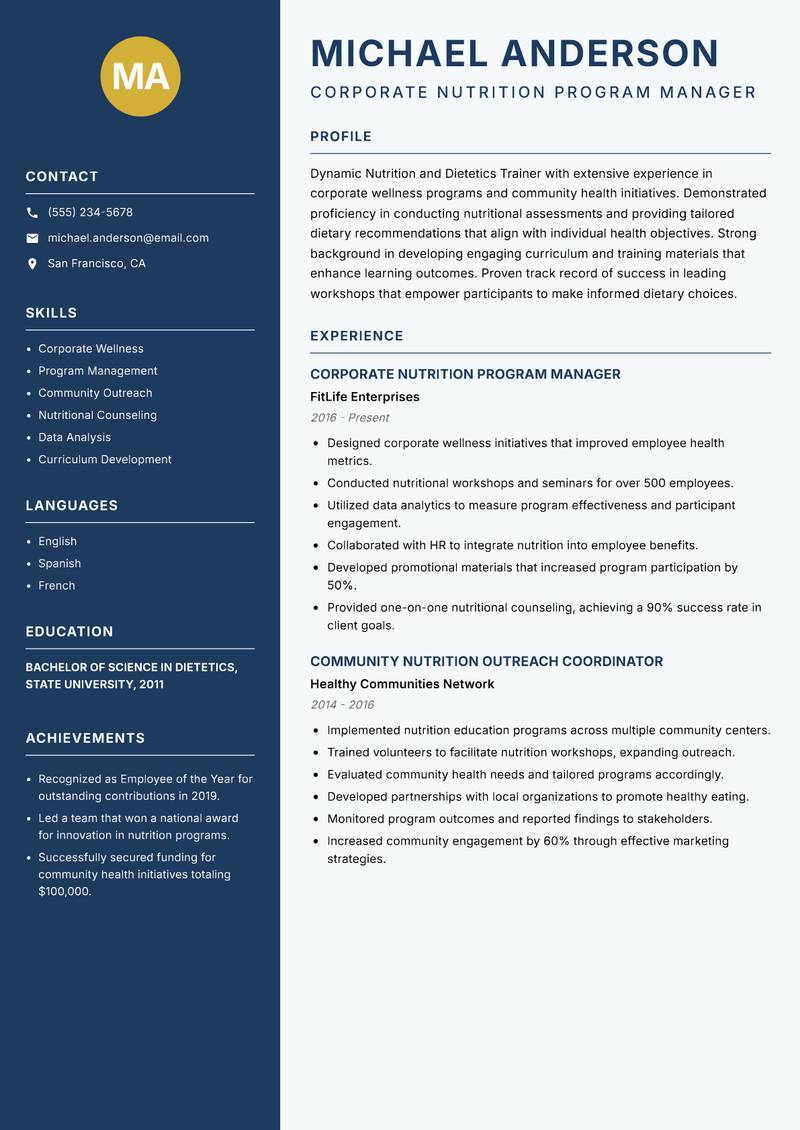 Nutrition and Dietetics Trainer resume sample — Corporate Nutrition Program Manager focus