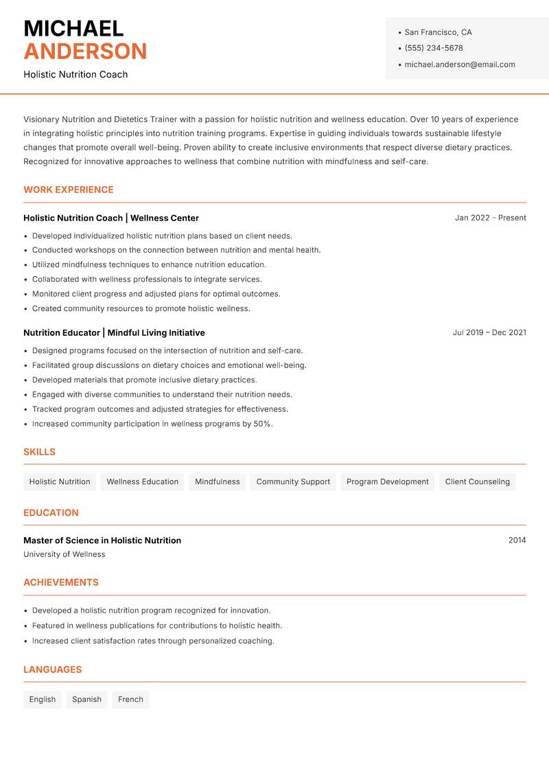 Nutrition and Dietetics Trainer resume sample — Holistic Nutrition Coach focus