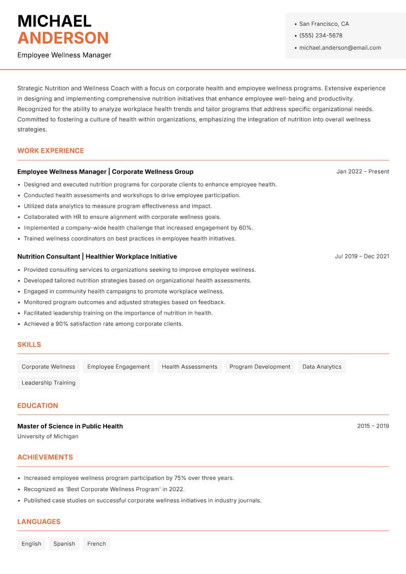 Nutrition and Wellness Coach resume sample — Employee Wellness Manager focus