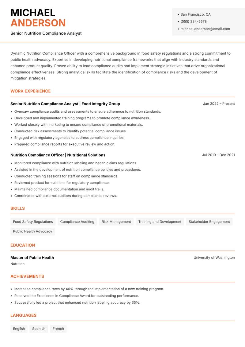 Nutrition Compliance Officer resume sample — Senior Nutrition Compliance Analyst focus