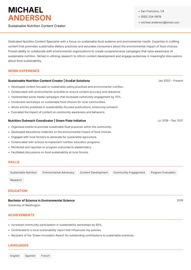 Nutrition Content Specialist resume sample — Sustainable Nutrition Content Creator focus