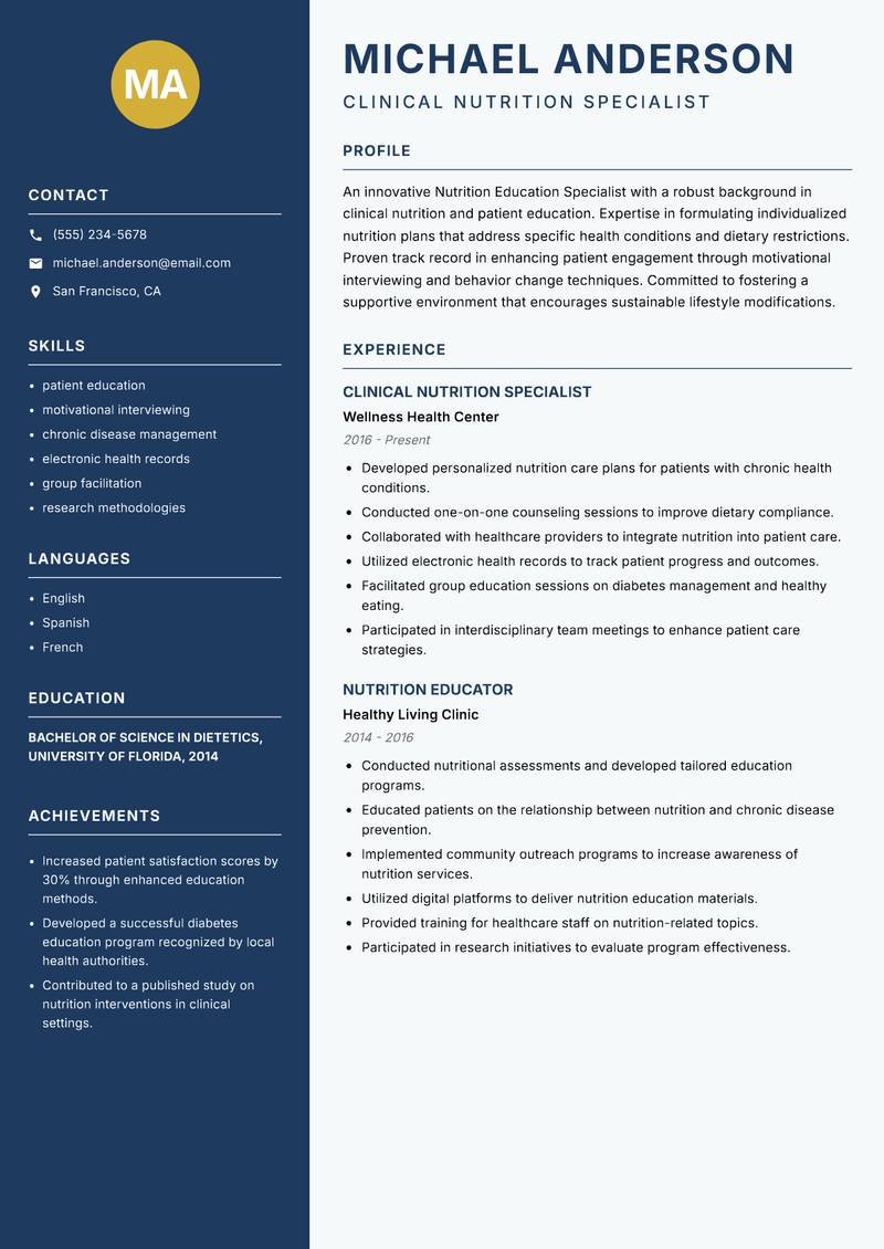 Nutrition Education Specialist resume sample — Clinical Nutrition Specialist focus