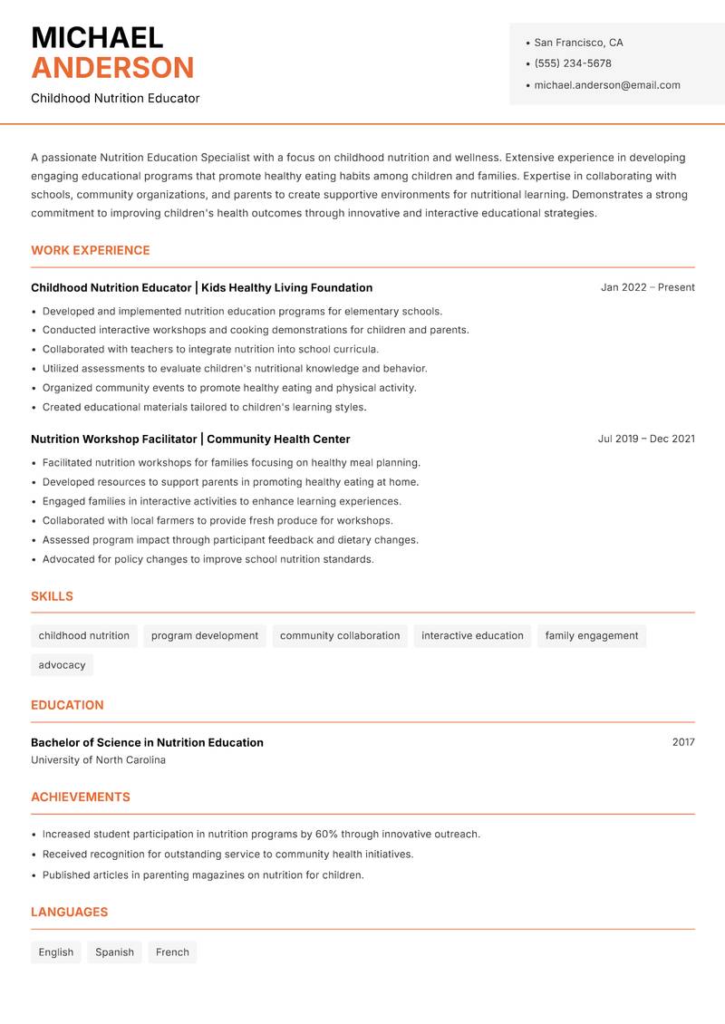 Nutrition Education Specialist resume sample — Childhood Nutrition Educator focus