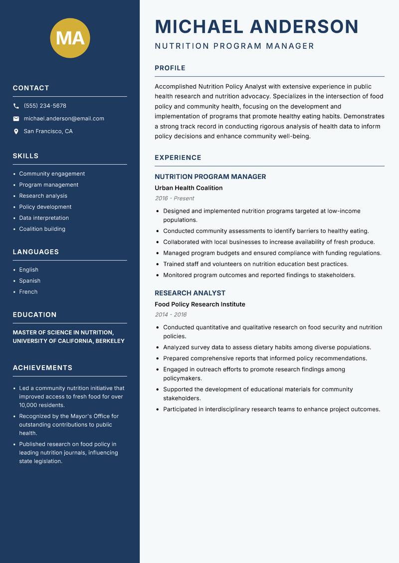 Nutrition Policy Analyst resume sample — Nutrition Program Manager focus