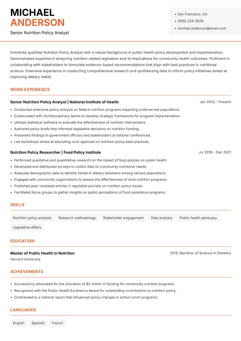 Nutrition Policy Analyst resume sample — Senior Nutrition Policy Analyst focus