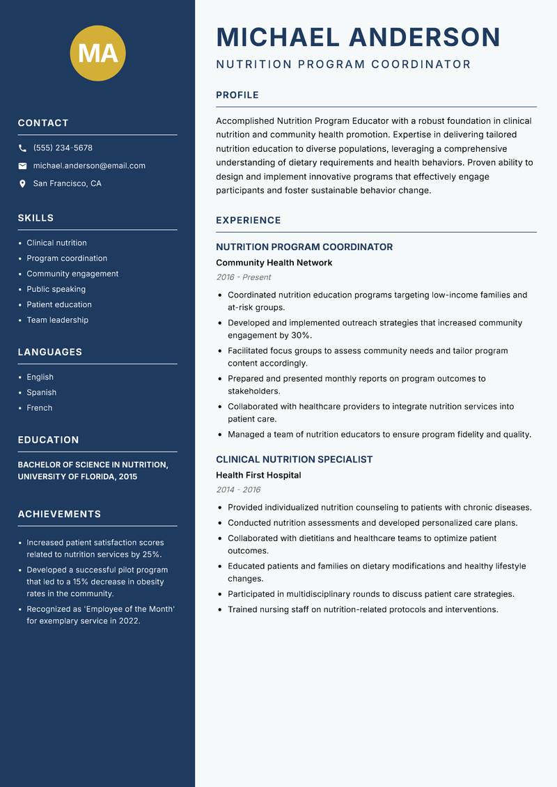 Nutrition Program Educator resume sample — Nutrition Program Coordinator focus