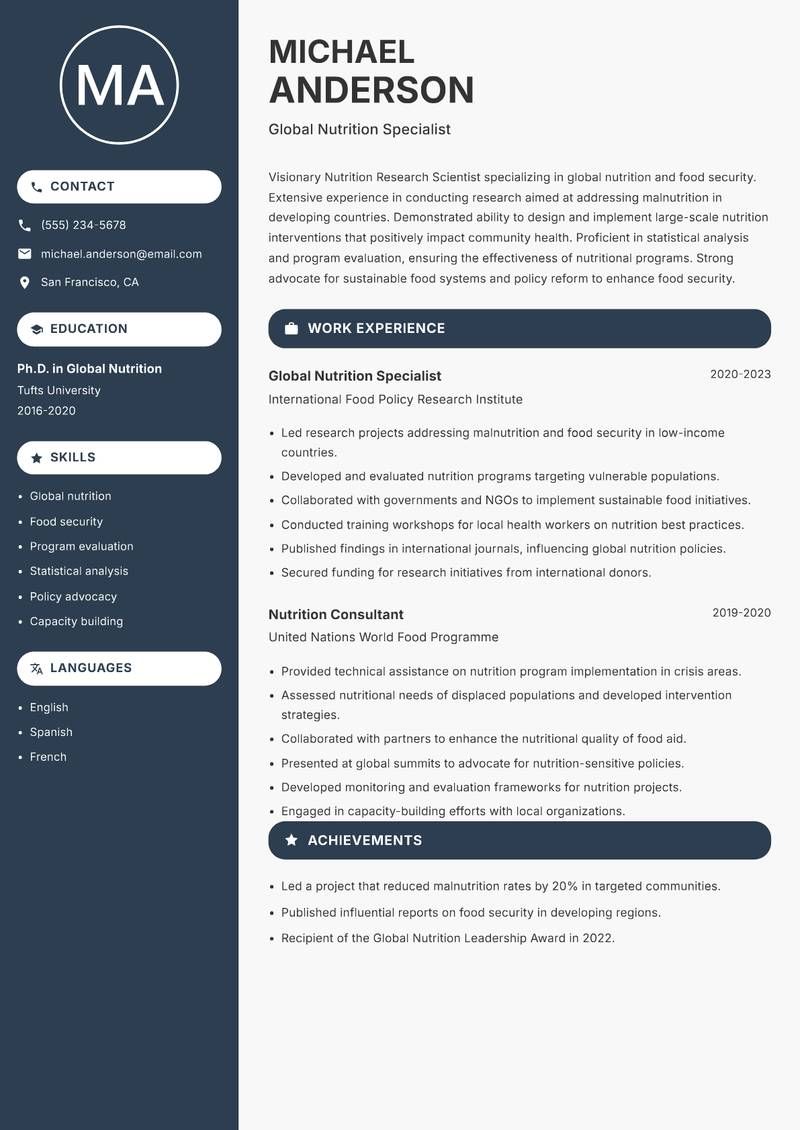 Nutrition Research Scientist resume sample — Global Nutrition Specialist focus