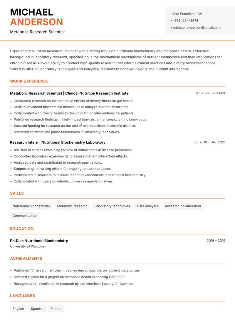 Nutrition Research Scientist resume sample — Metabolic Research Scientist focus