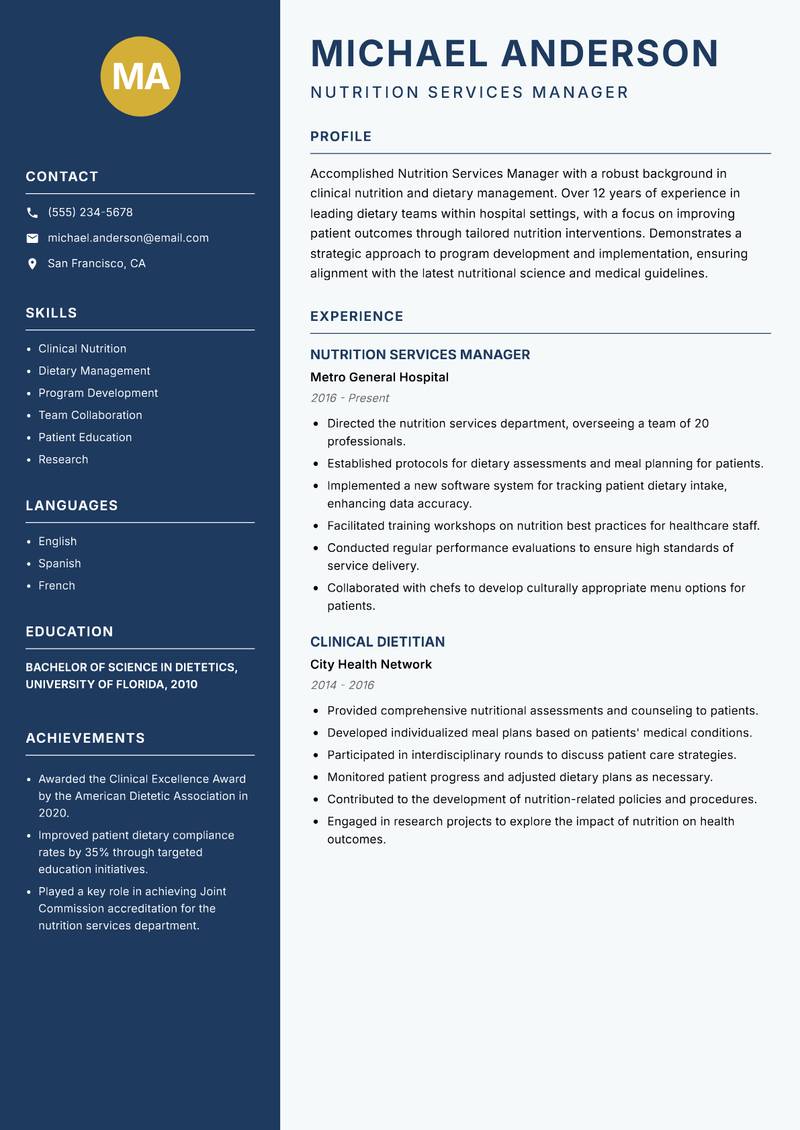 Nutrition Services Manager resume sample — Nutrition Services Manager focus