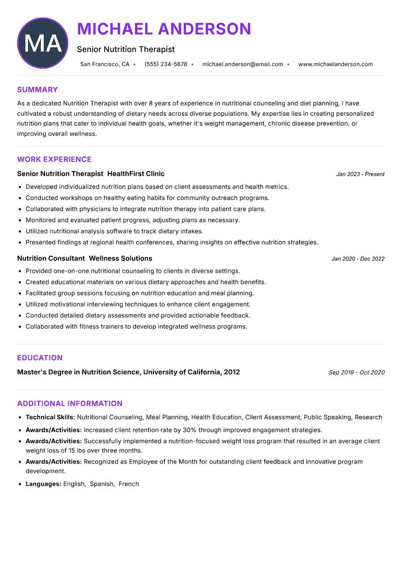 Nutrition Therapist resume example
