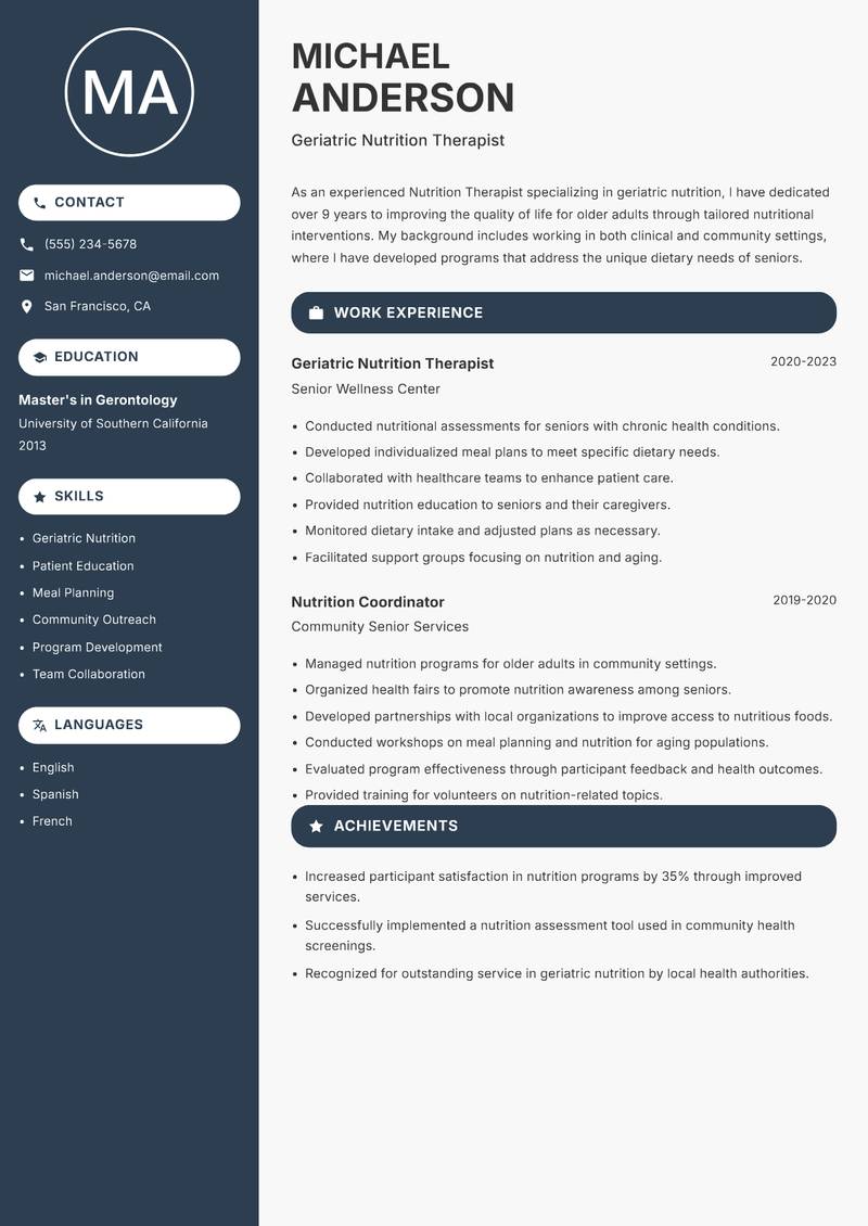 Nutrition Therapist resume sample — Geriatric Nutrition Therapist focus
