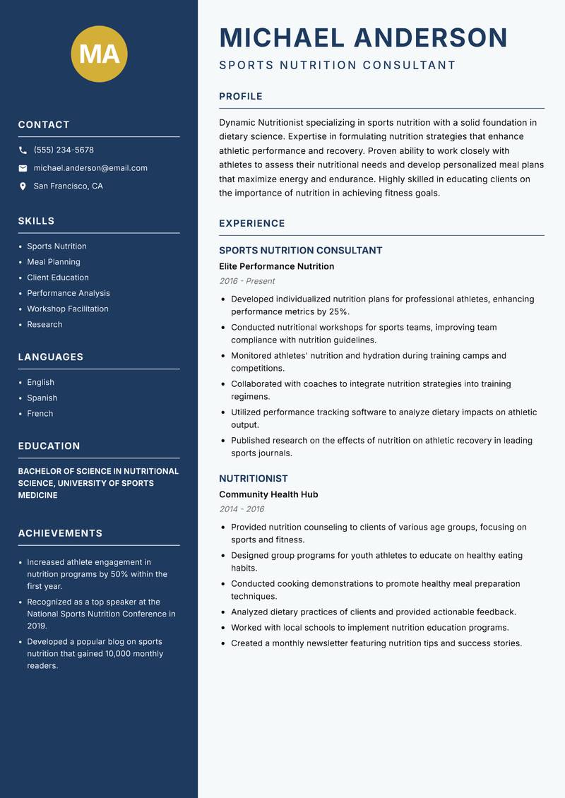 Nutritionist resume sample — Sports Nutrition Consultant focus