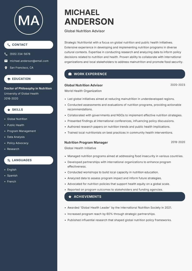 Nutritionist resume sample — Global Nutrition Advisor focus