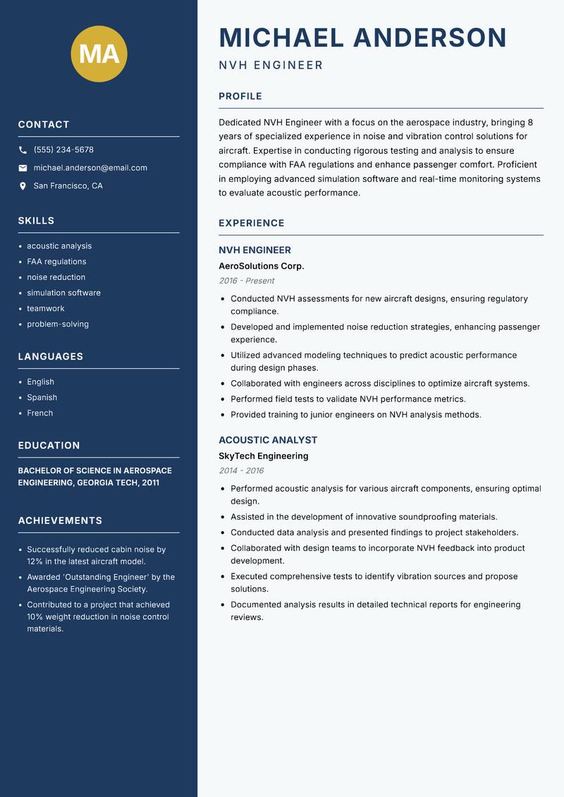 NVH Engineer resume sample — NVH Engineer focus