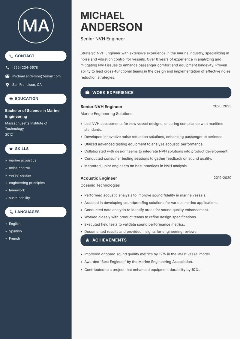 NVH Engineer resume sample — Senior NVH Engineer focus