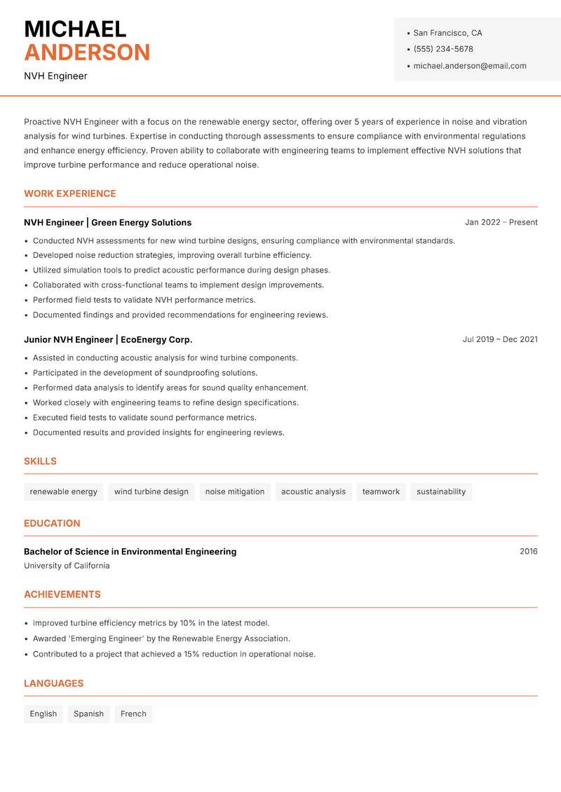 NVH Engineer resume sample — NVH Engineer focus