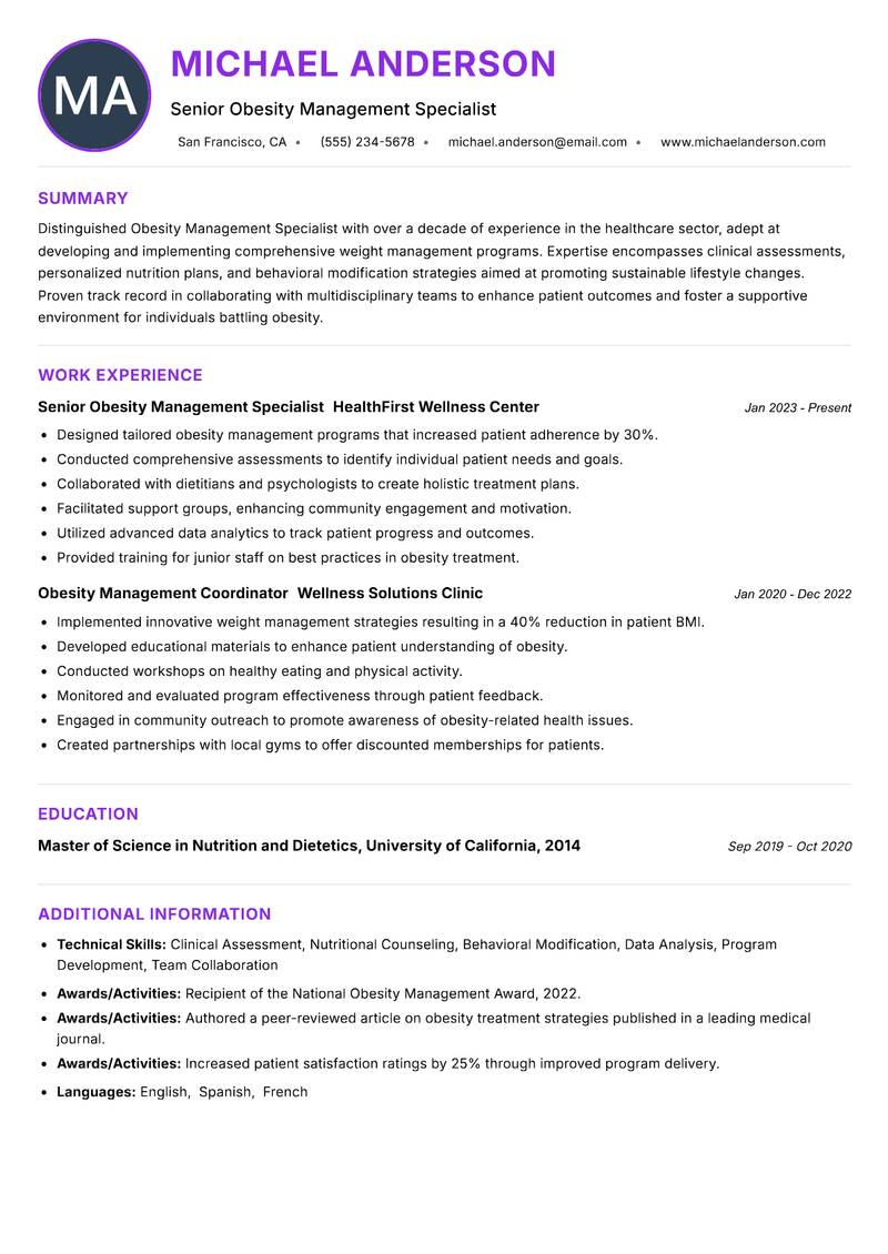 Obesity Management Specialist resume example