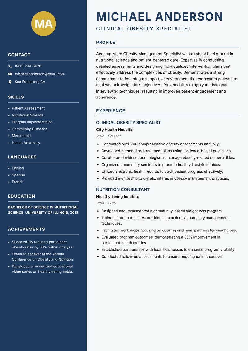 Obesity Management Specialist resume sample — Clinical Obesity Specialist focus