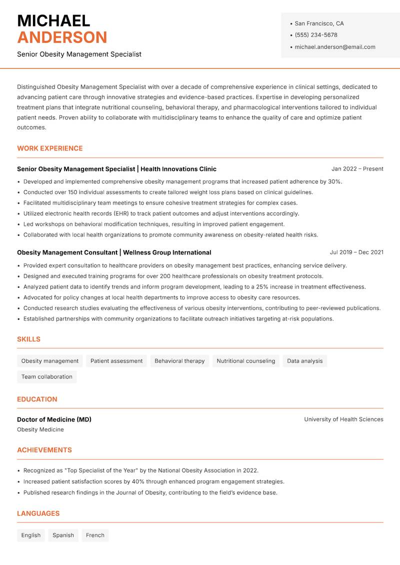 Obesity Management Specialist resume sample — Senior Obesity Management Specialist focus