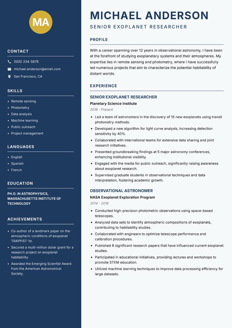 Observational Astronomer resume sample — Senior Exoplanet Researcher focus