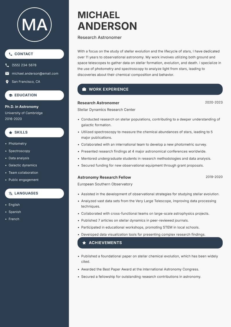 Observational Astronomer resume sample — Research Astronomer focus