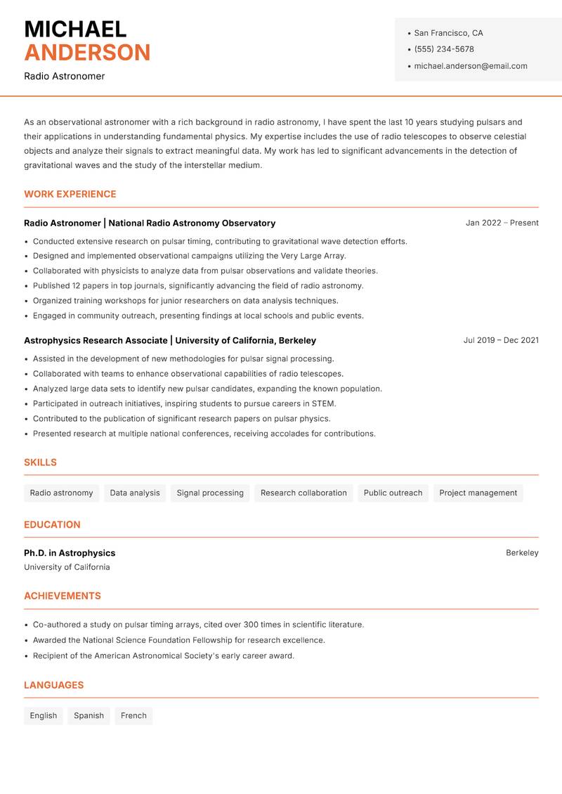 Observational Astronomer resume sample — Radio Astronomer focus