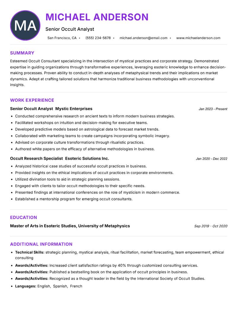 Occult Consultant resume example