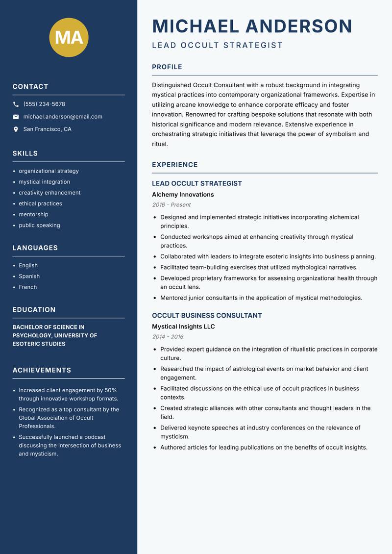 Occult Consultant resume sample — Lead Occult Strategist focus