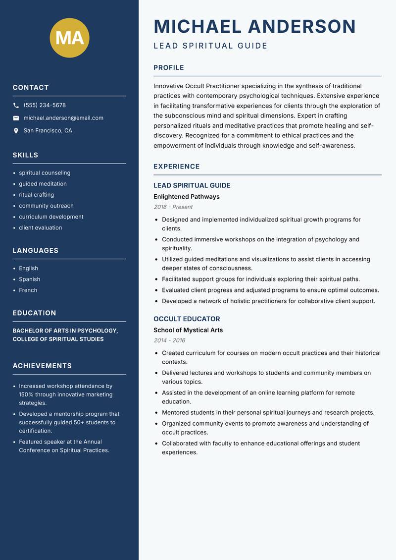 Occult Practitioner resume sample — Lead Spiritual Guide focus