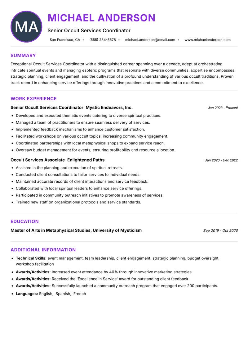 Occult Services Coordinator resume example