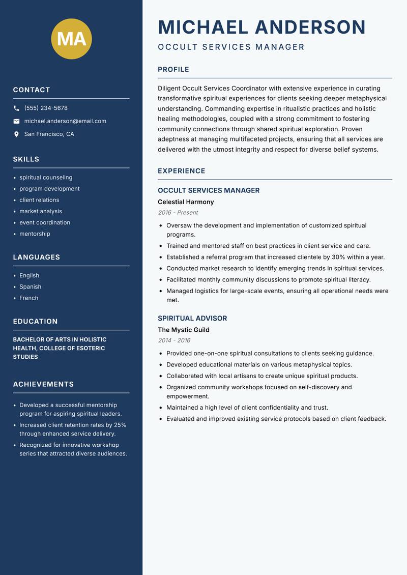 Occult Services Coordinator resume sample — Occult Services Manager focus