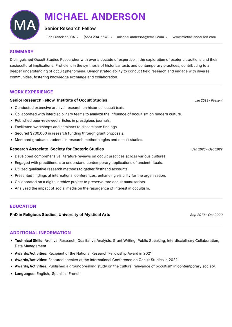 Occult Studies Researcher resume example