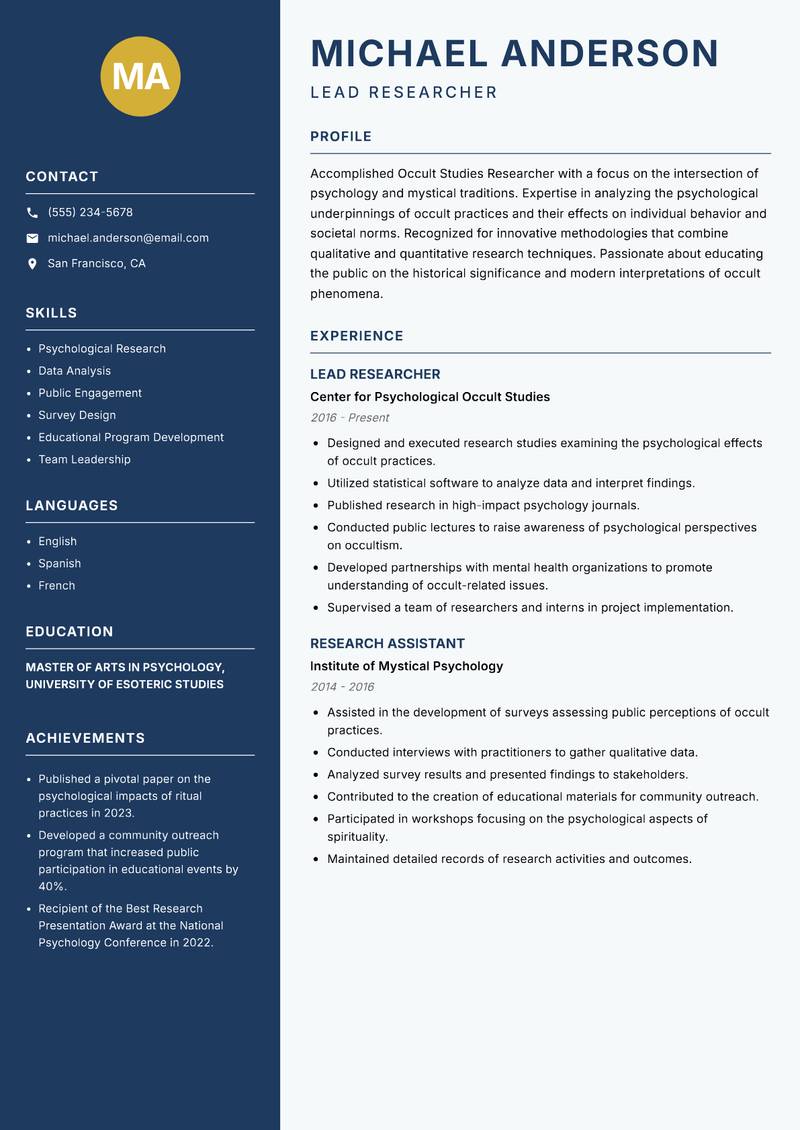 Occult Studies Researcher resume sample — Lead Researcher focus