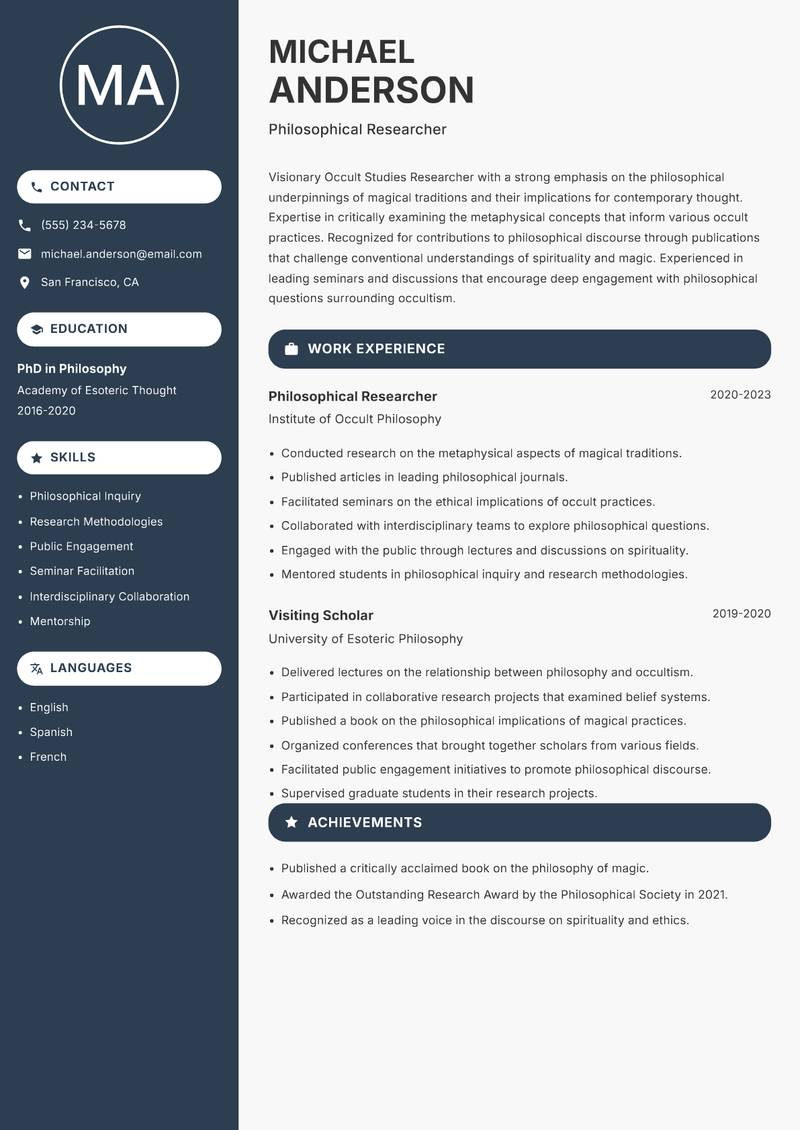 Occult Studies Researcher resume sample — Philosophical Researcher focus