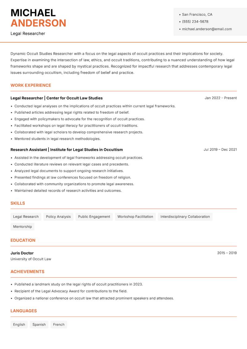 Occult Studies Researcher resume sample — Legal Researcher focus