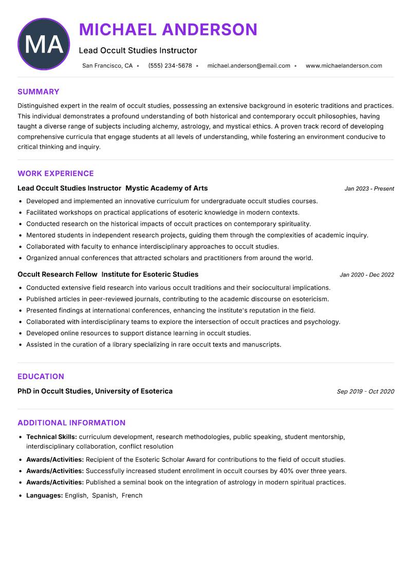 Occult Studies Trainer resume example