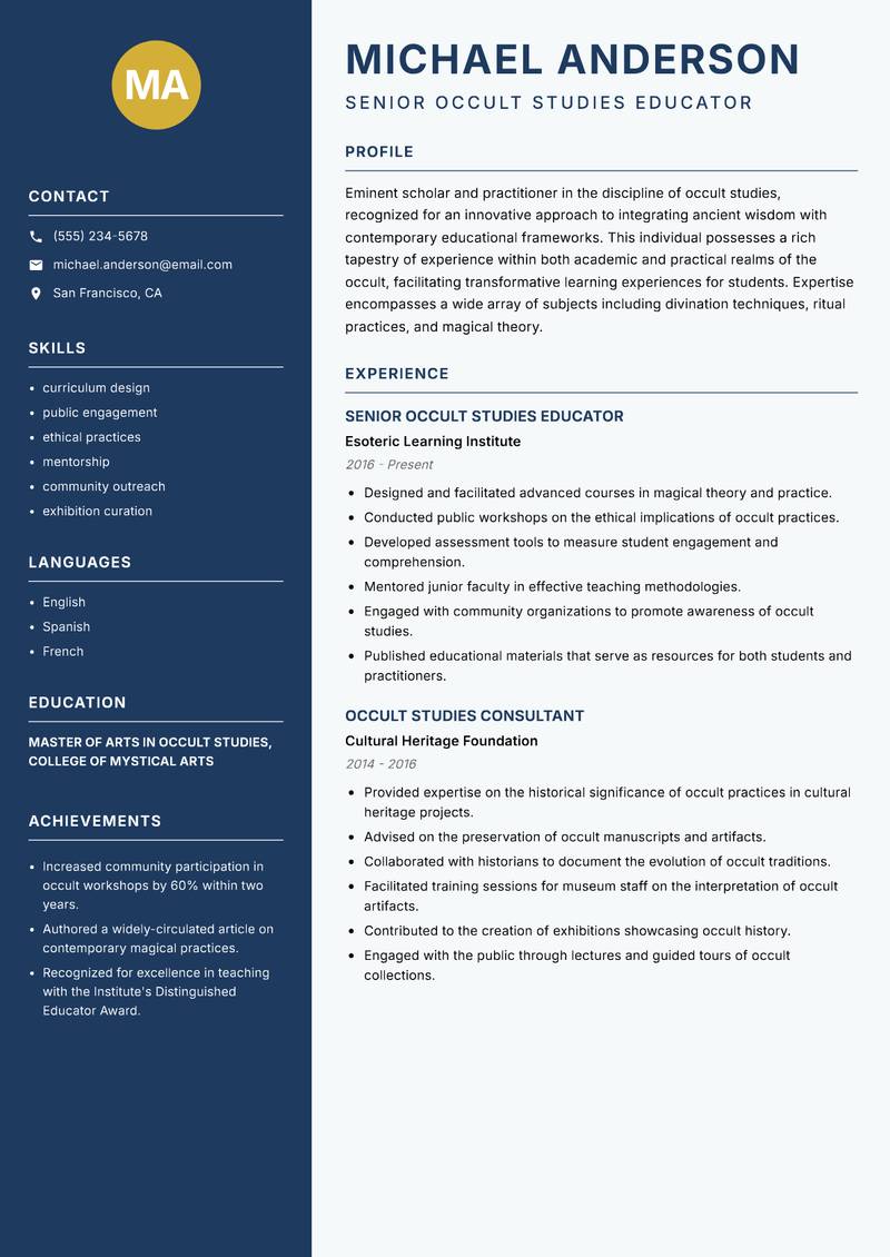 Occult Studies Trainer resume sample — Senior Occult Studies Educator focus