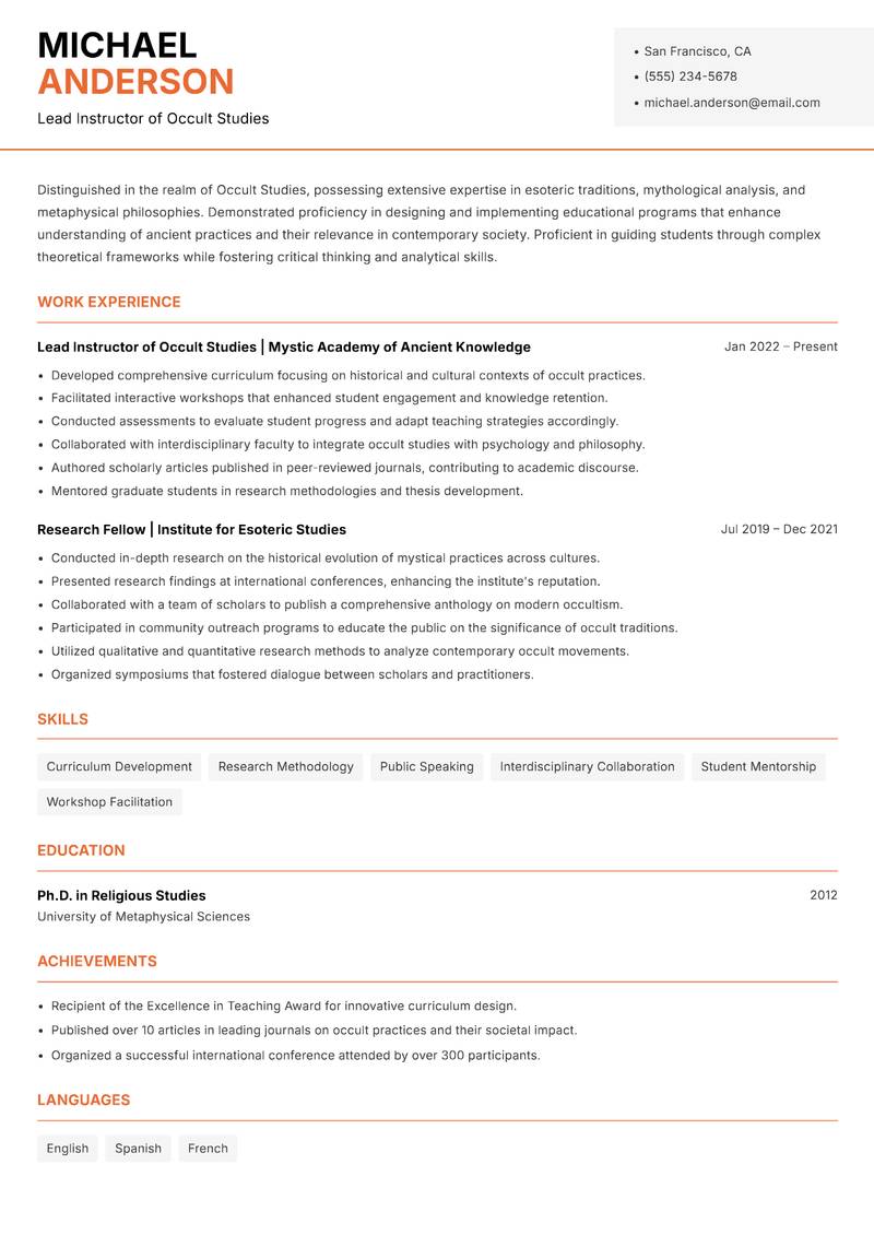 Occult Studies Trainer resume sample — Lead Instructor of Occult Studies focus