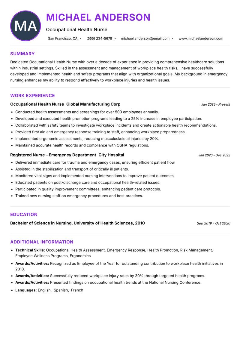 Occupational Health Nurse resume example